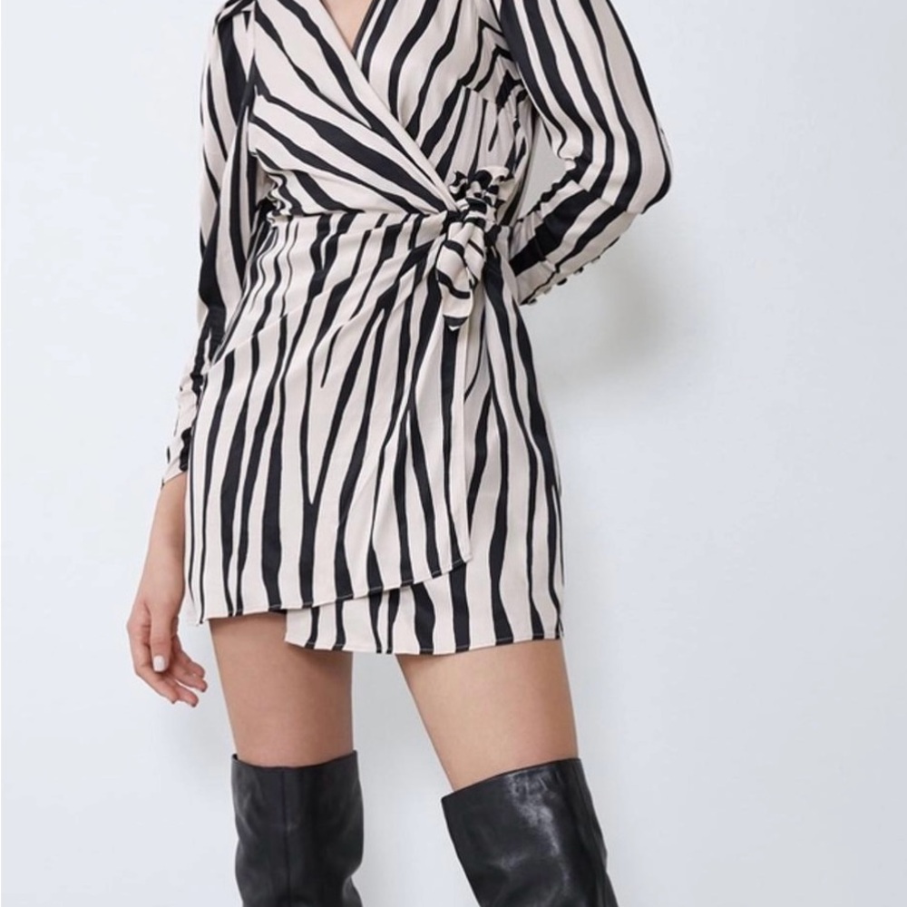 Zara silky polyester zebra print wrap mini dress long sleeve